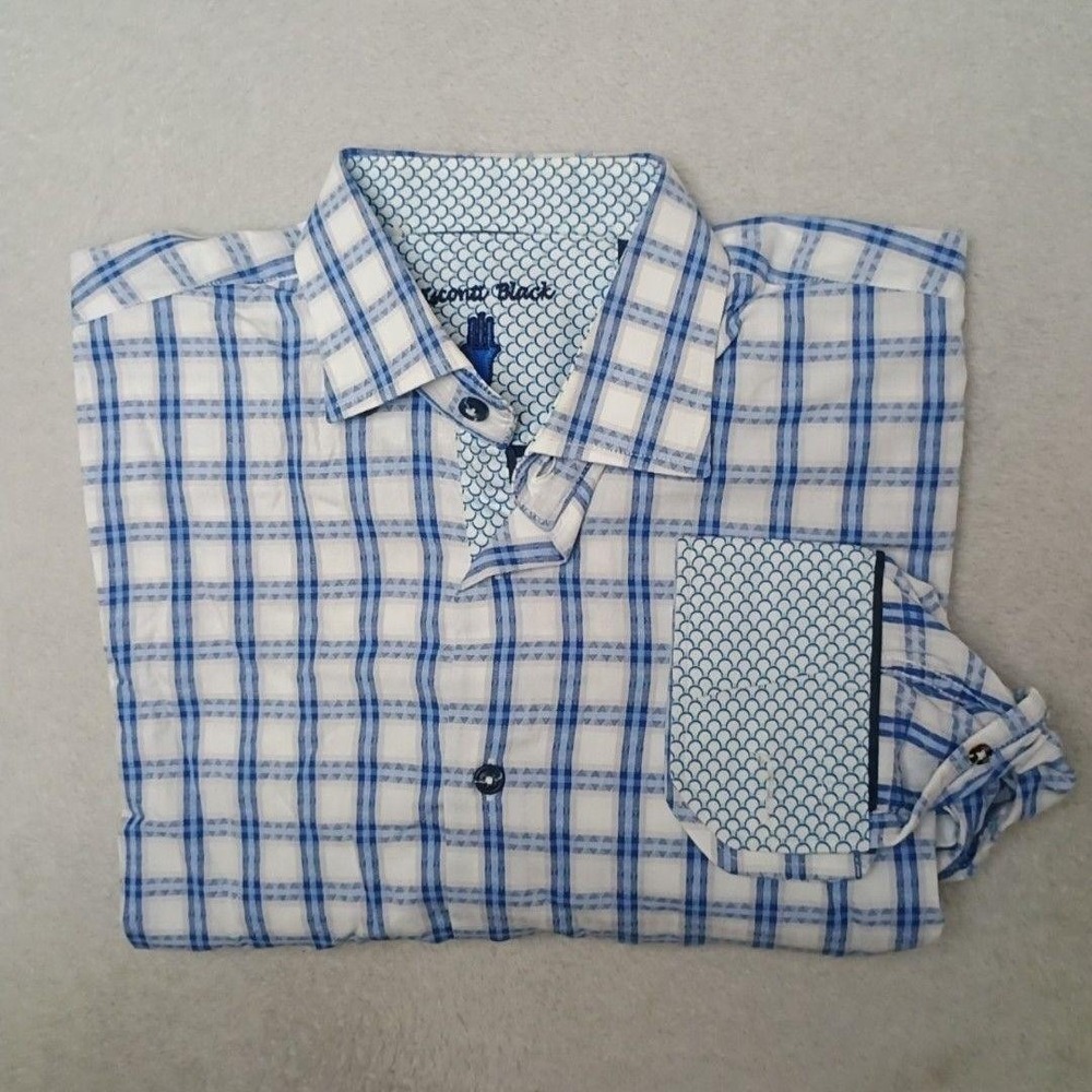 Visconti Black Shirt Mens M Blue Check Button-Up Cotton Contrasting Trim Flip
